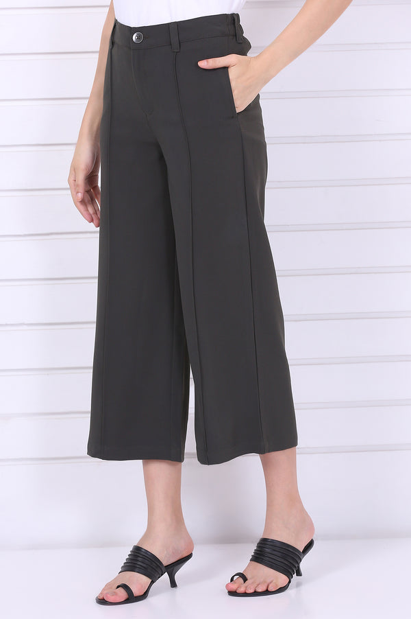 Elleven Women's Green Solid Calf Length Culottes with YKK Zipper