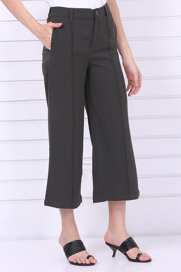 Elleven Women's Green Solid Calf Length Culottes with YKK Zipper