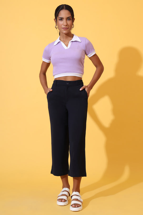 Elleven Women's Navy Blue Solid Straight Western Culottes with YKK Zipper