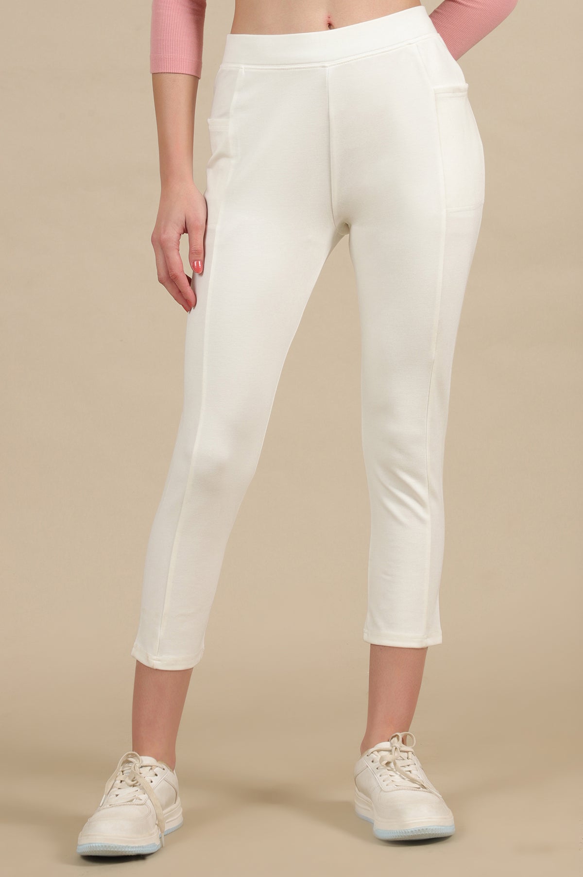 Elleven Women's Off White Solid Skinny Fit Knit Yoga Tights with Elasticated Waist - M