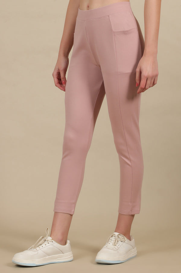 Elleven Women's Pink Solid Skinny Fit Yoga Tights With Elasticated Waistband