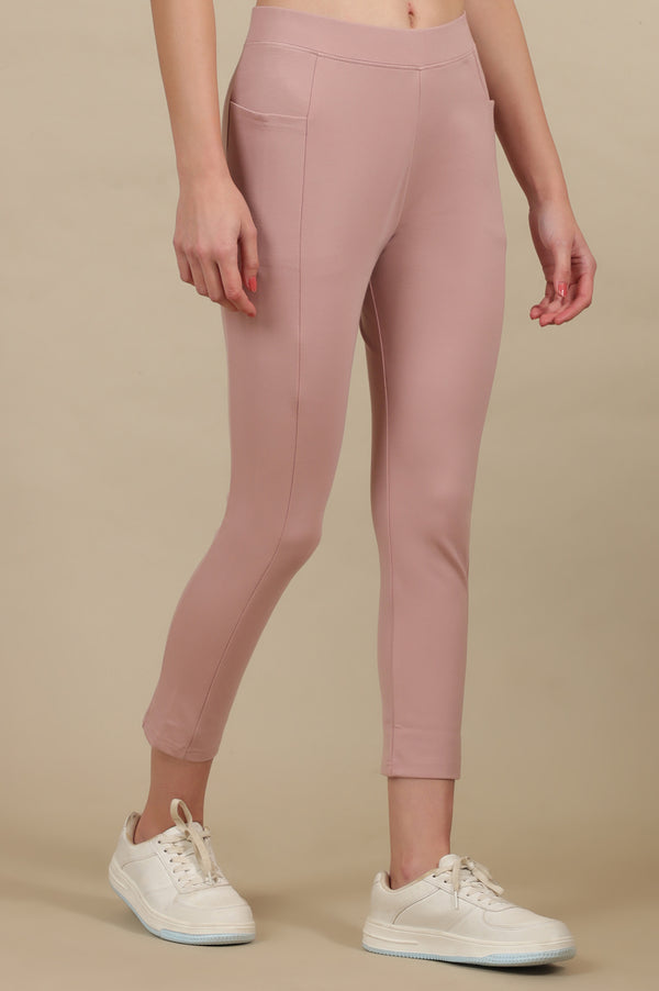 Elleven Women's Pink Solid Skinny Fit Yoga Tights With Elasticated Waistband