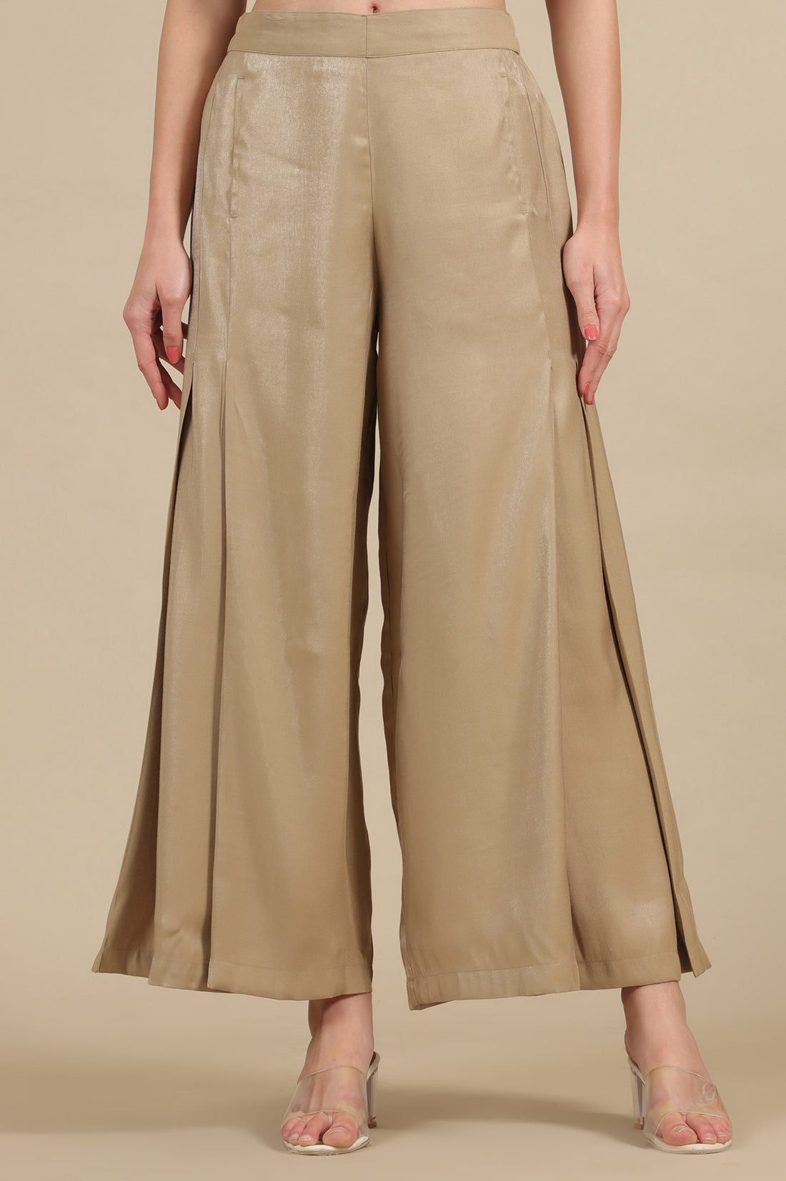 Buy Gold Solid Flared Rayon Palazzo With Pleated Detail Online for