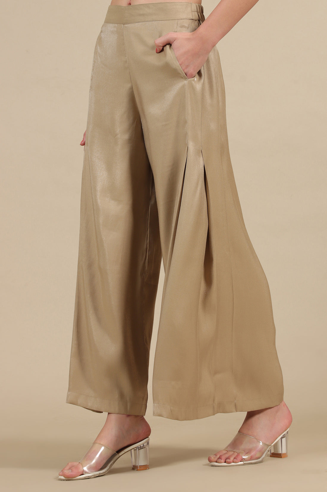 Gold Solid Flared Rayon Palazzo With Pleated Detail