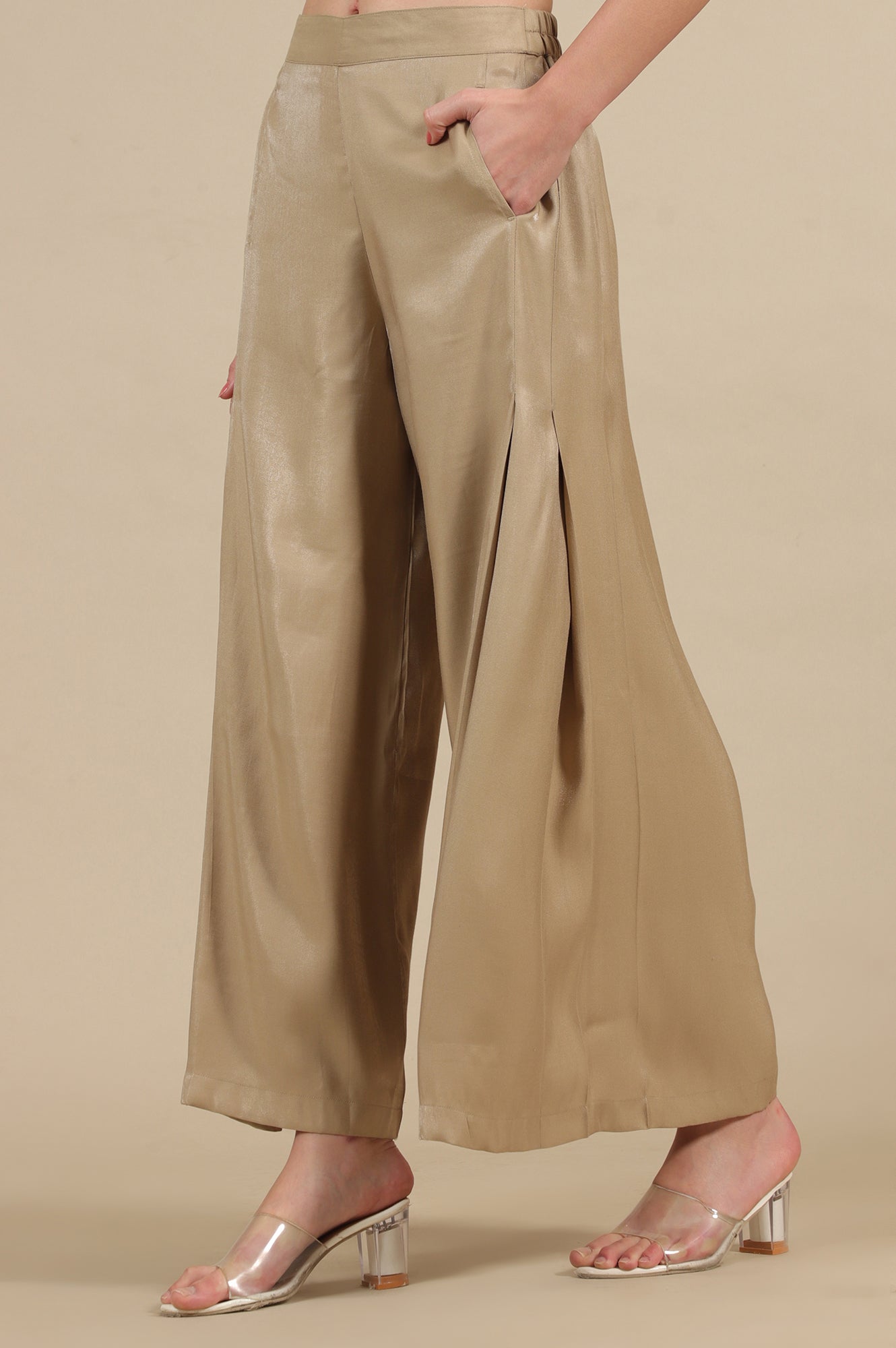 Dark Golden Side Pleated Flared Palazzo