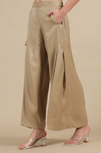 Dark Golden Side Pleated Flared Palazzo