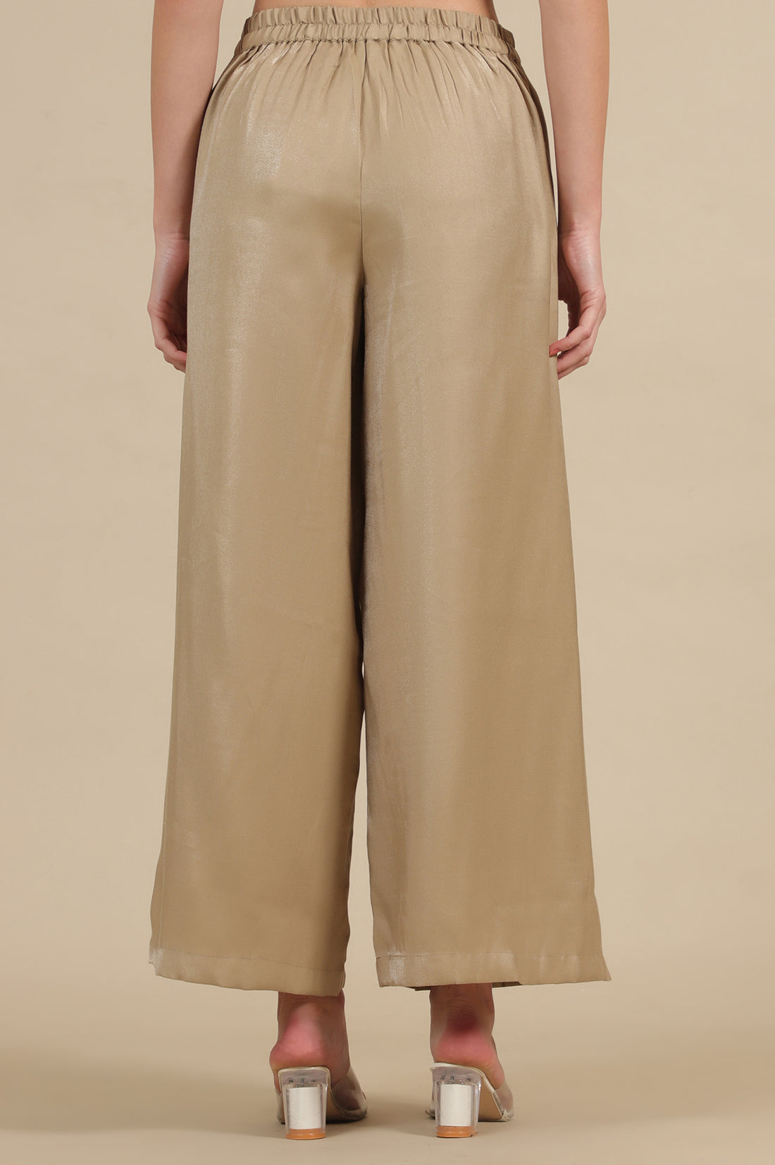 Gold Solid Flared Rayon Palazzo With Pleated Detail