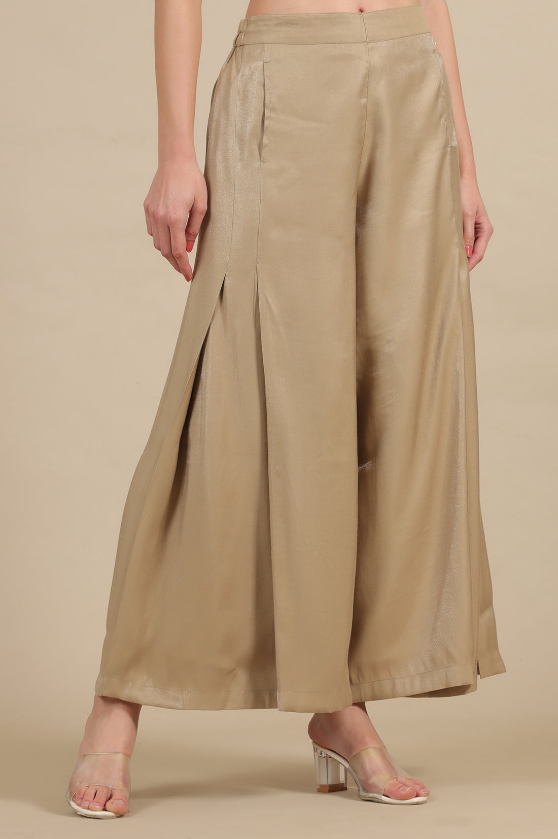 Gold Solid Flared Rayon Palazzo With Pleated Detail