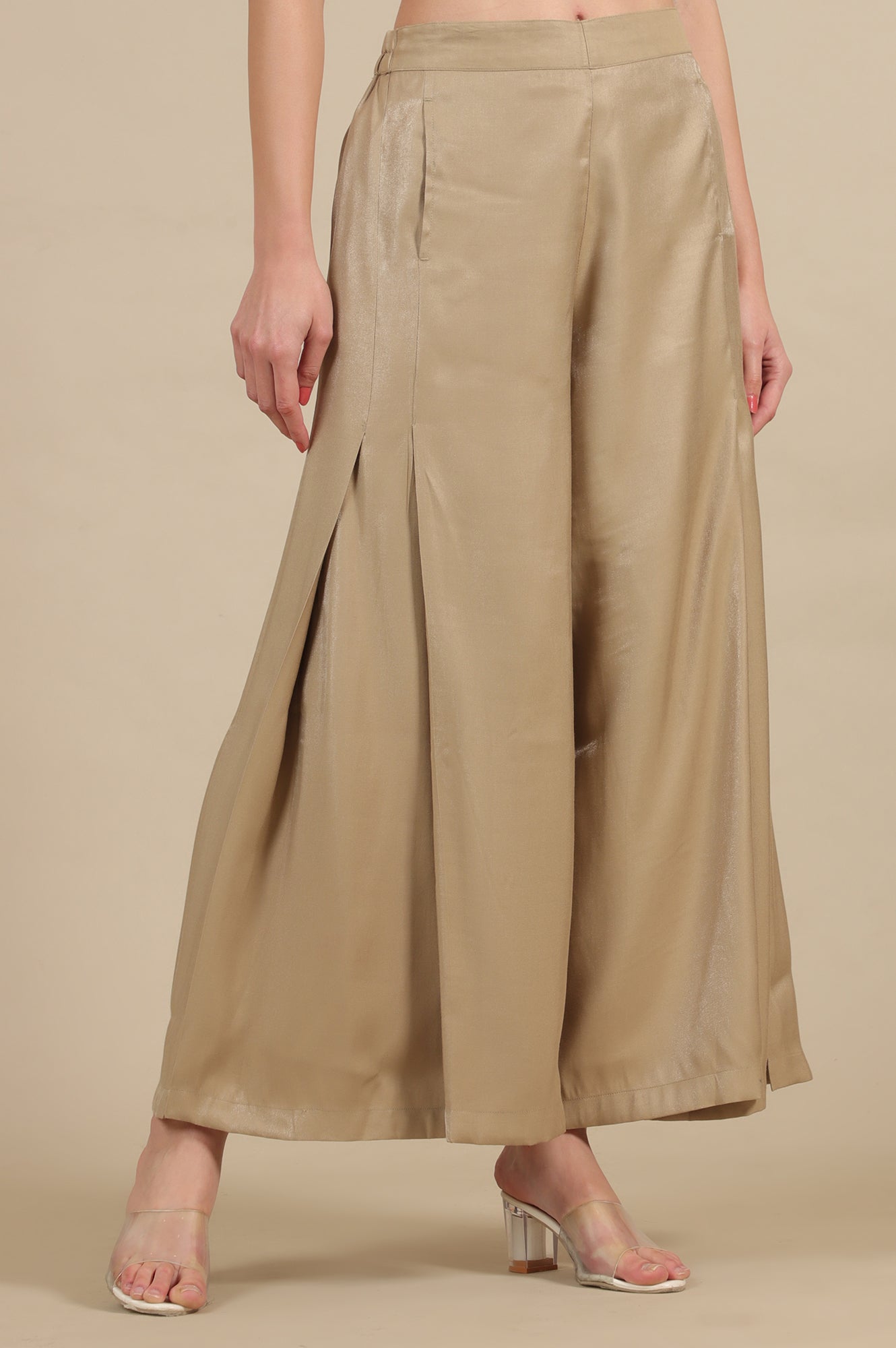 Dark Golden Side Pleated Flared Palazzo
