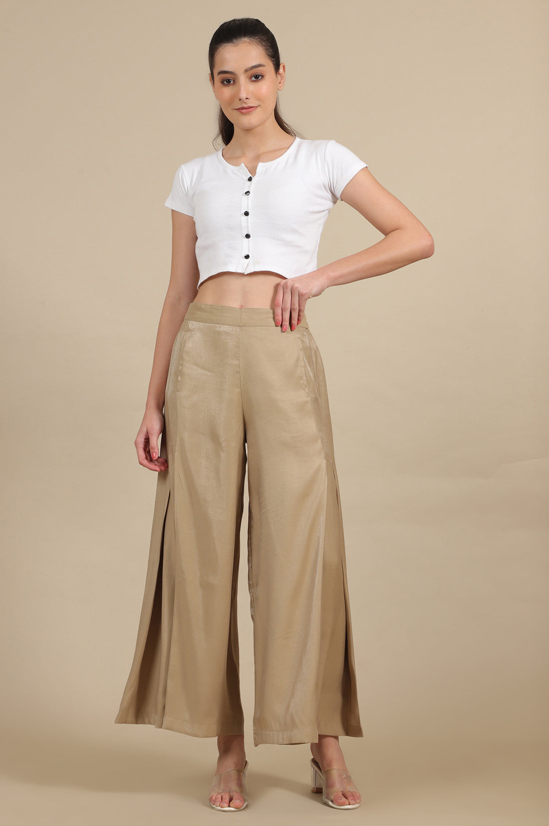 Gold Solid Flared Rayon Palazzo With Pleated Detail