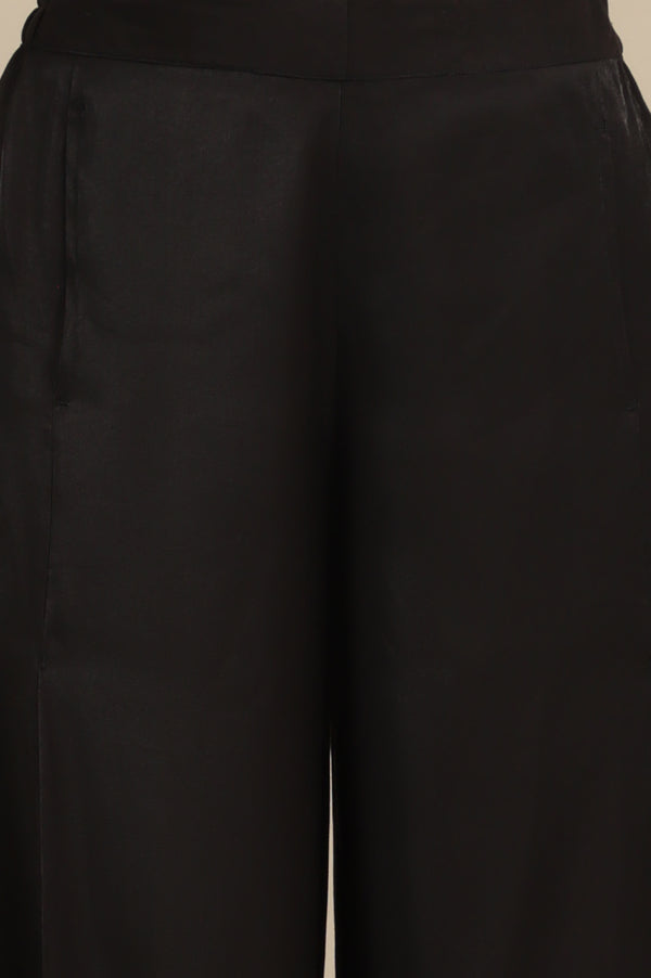 Black Solid Flared Rayon Palazzo With Pleated Detail