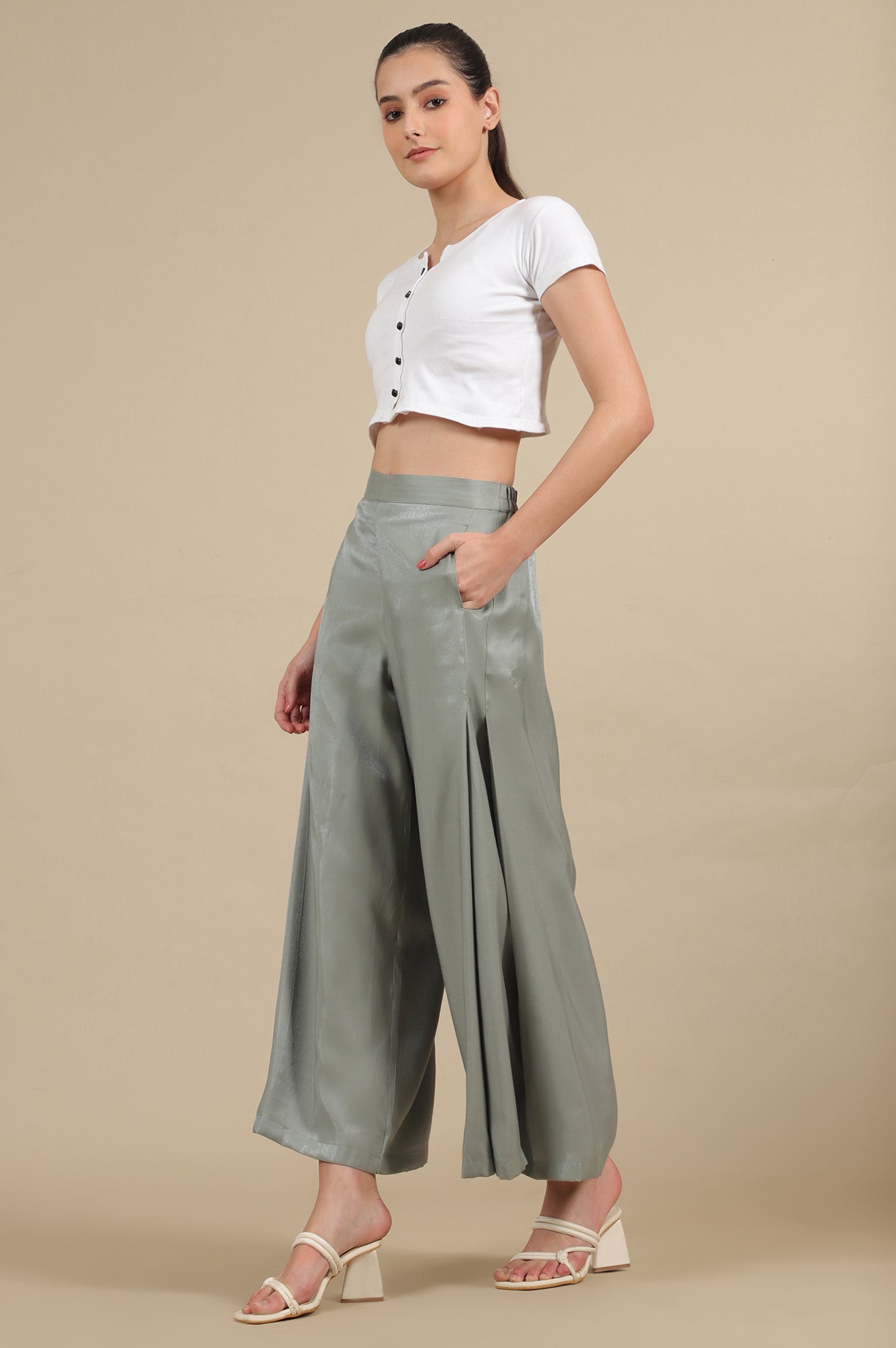 Slate Grey Side Pleated Flared Palazzo