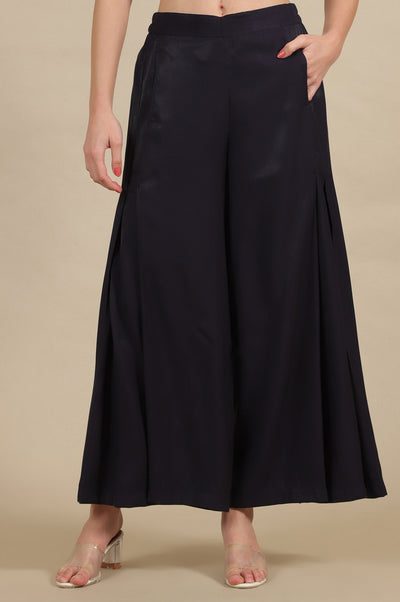 Blue Side Pleated Flared Palazzo