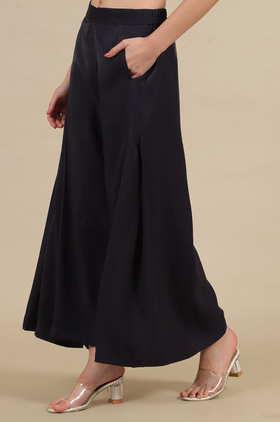 Blue Side Pleated Flared Palazzo