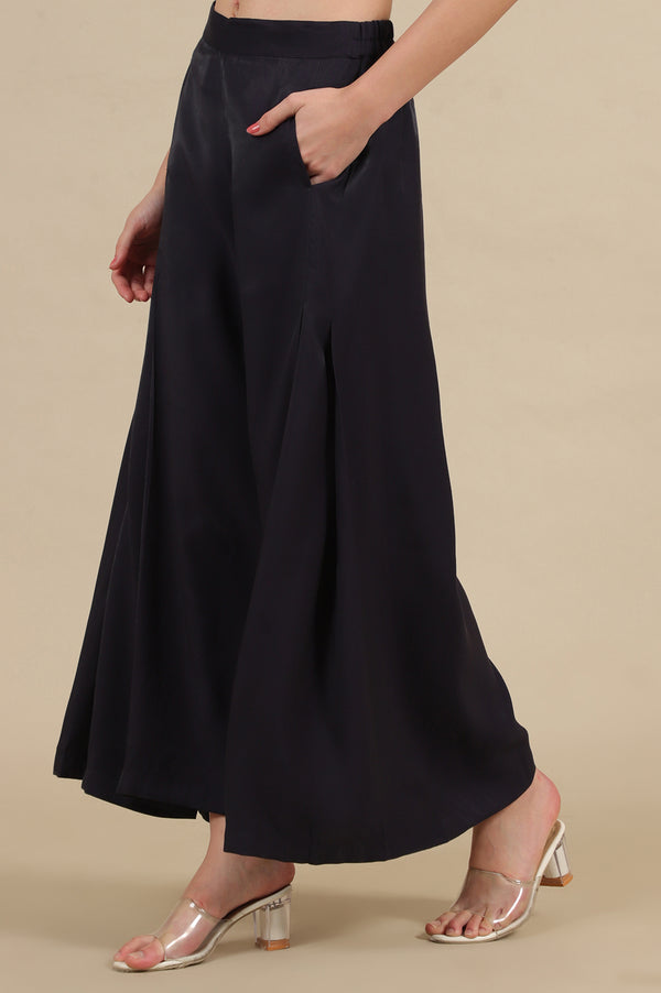 Blue Side Pleated Flared Palazzo