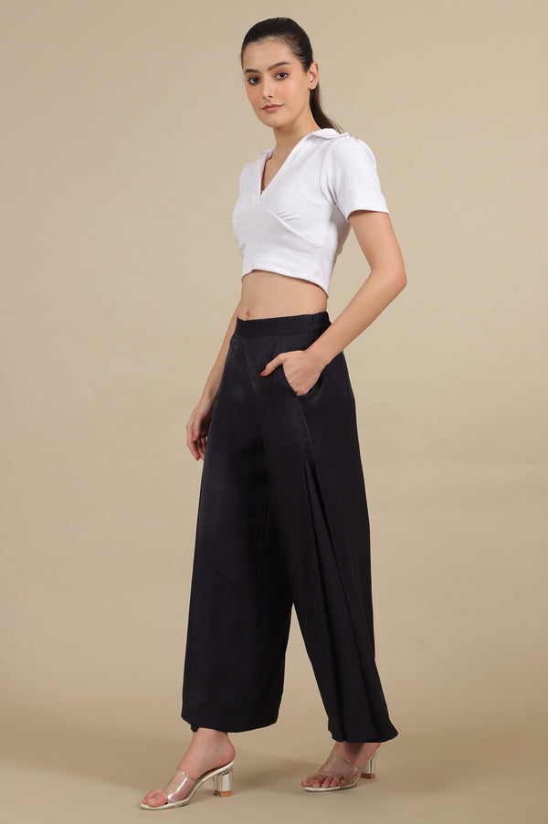 Blue Solid Flared Rayon Palazzo With Pleats