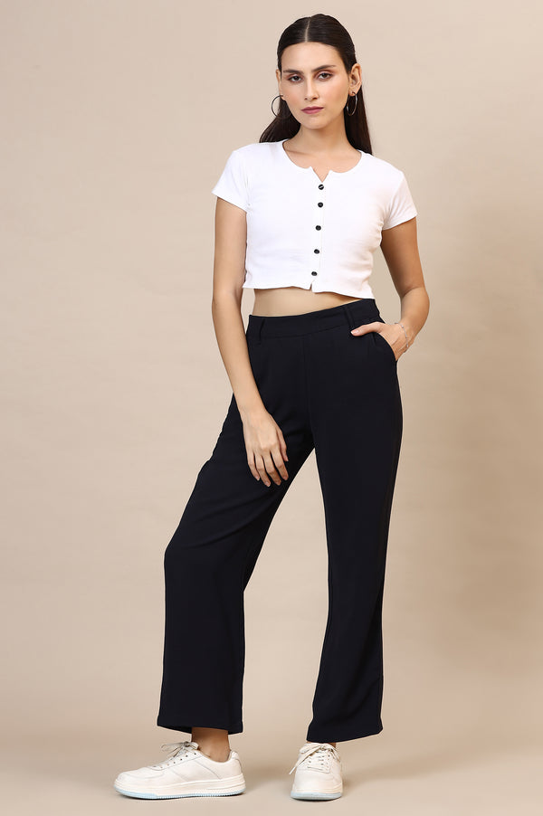 Elleven Women's Navy Blue Solid Straight Western Wear Palazzo Pants