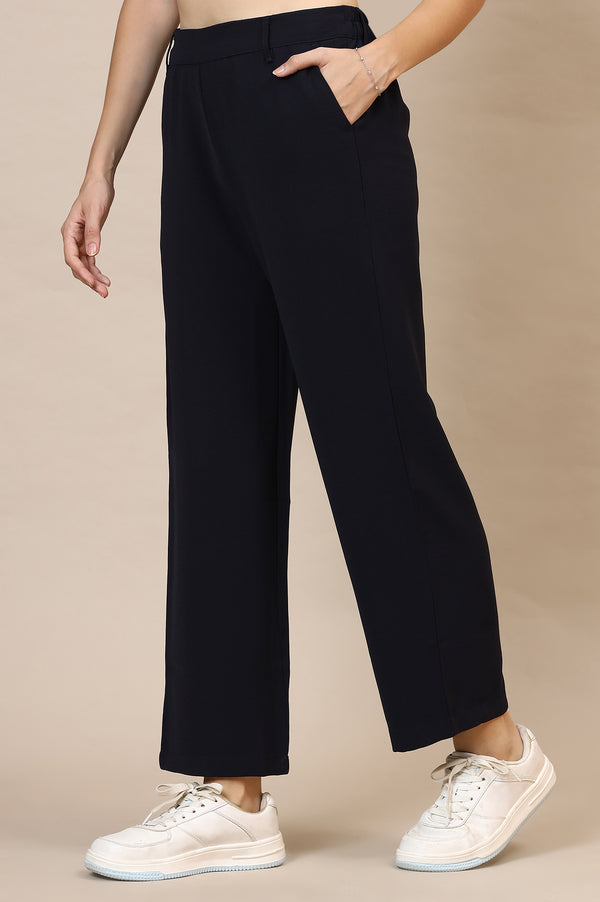 Elleven Women's Navy Blue Solid Straight Western Wear Palazzo Pants