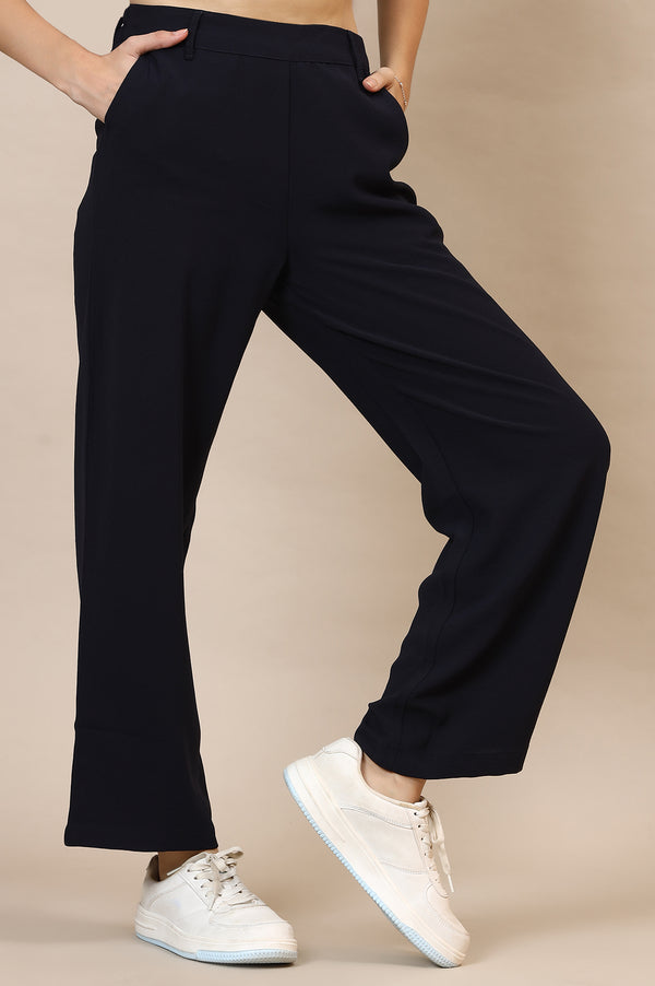 Elleven Women's Navy Blue Solid Straight Western Wear Palazzo Pants