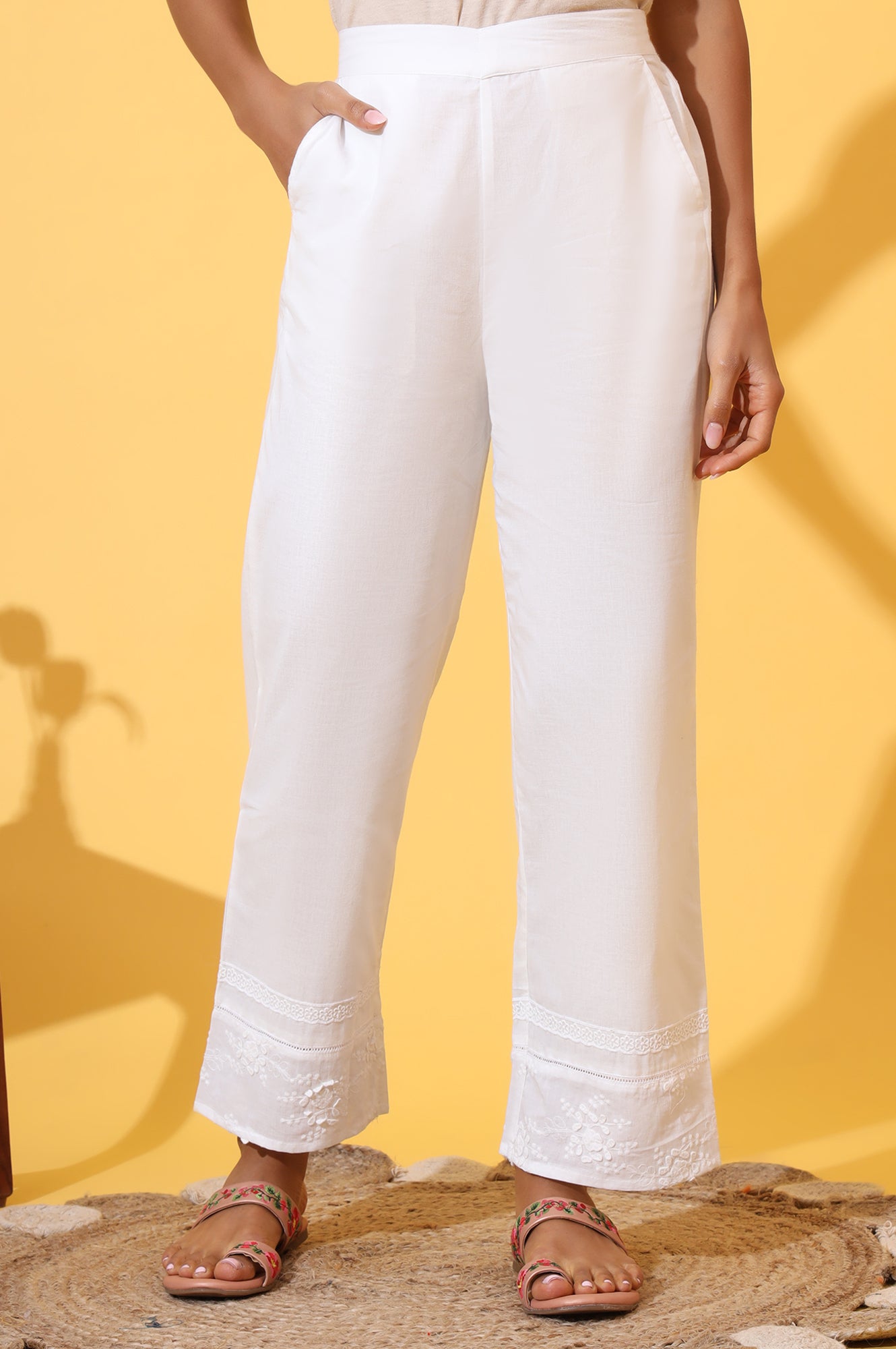 White Solid Schiffli Embroidered Pure Cotton Palazzo Pants