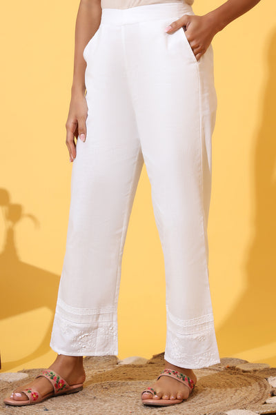 White Solid Schiffli Embroidered Pure Cotton Palazzo Pants