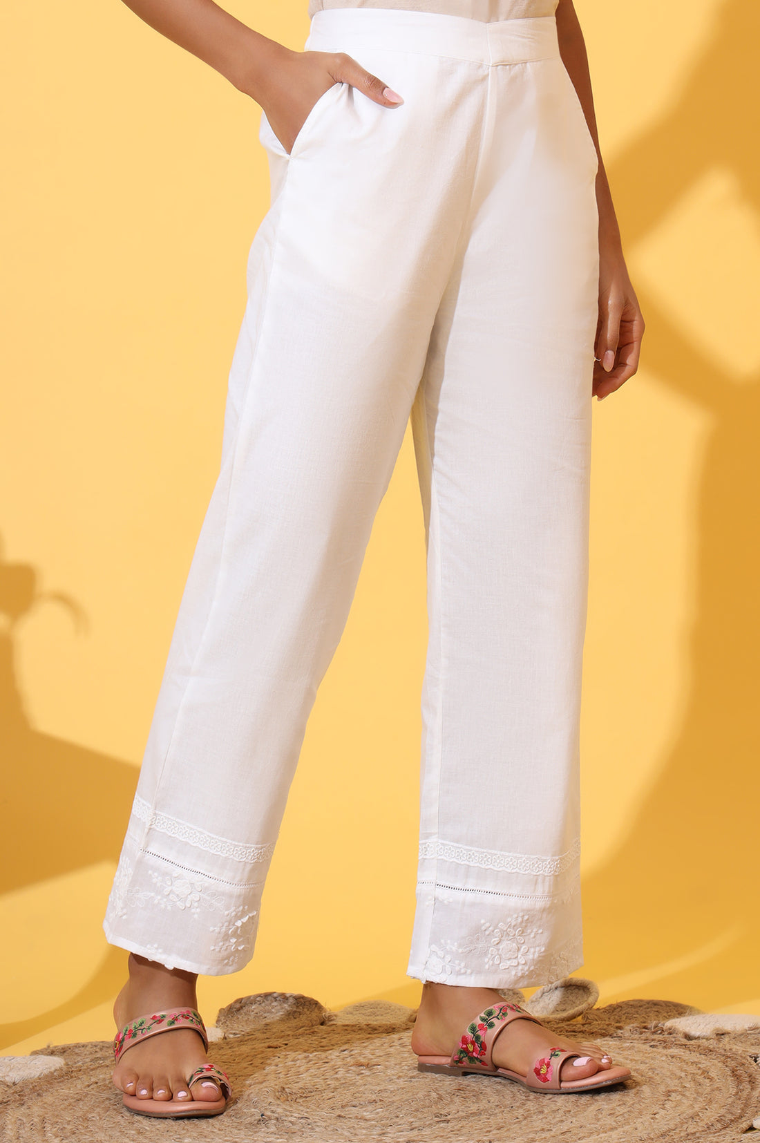 White Solid Schiffli Embroidered Pure Cotton Palazzo Pants