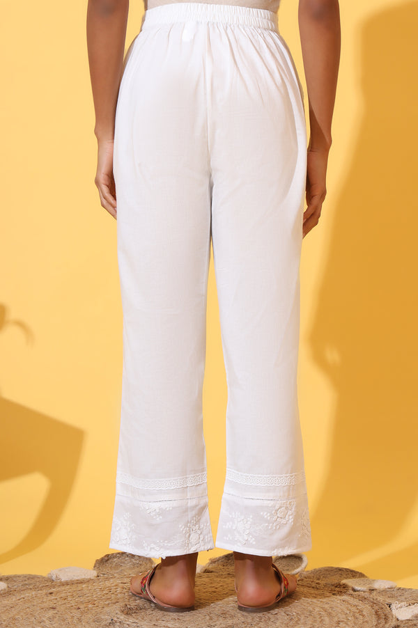White Solid Schiffli Embroidered Pure Cotton Palazzo Pants