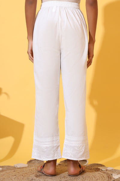 White Solid Schiffli Embroidered Pure Cotton Palazzo Pants