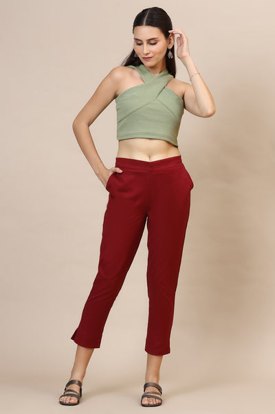 Maroon Solid Straight Cotton Flax Trousers