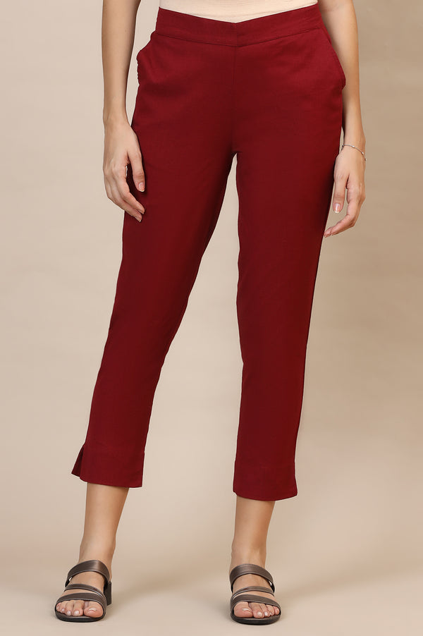Maroon Solid Straight Fit Cotton Trousers With Elasticated Waist