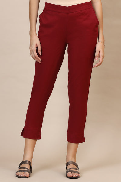 Maroon Solid Straight Cotton Flax Trousers