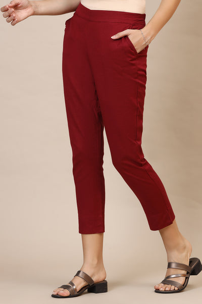 Maroon Solid Straight Cotton Flax Trousers