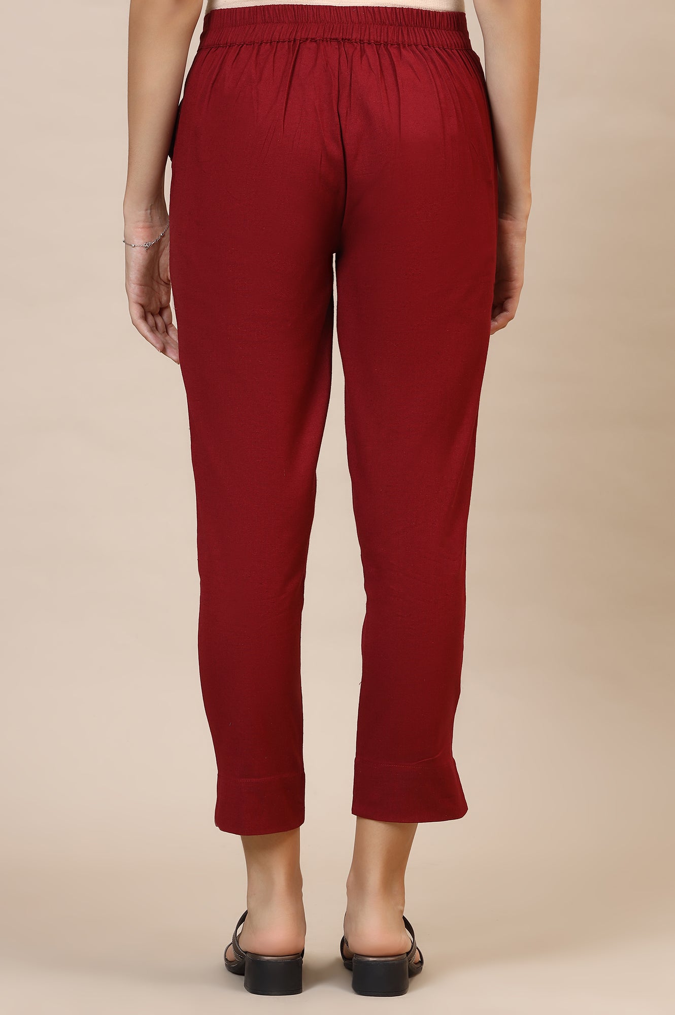 Buy Maroon Solid Straight Fit Cotton Trousers With Elasticated