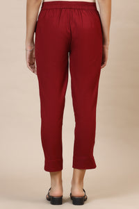 Maroon Solid Straight Cotton Flax Trousers