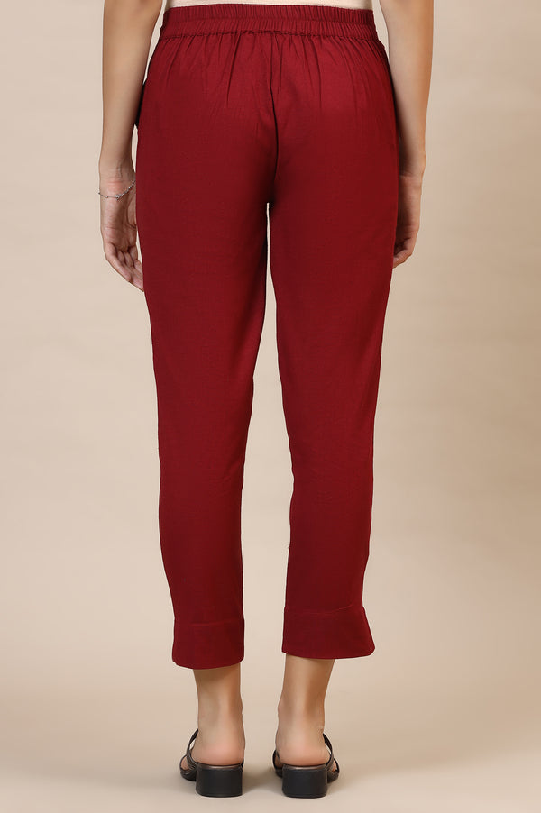 Maroon Solid Straight Fit Cotton Trousers With Elasticated Waist