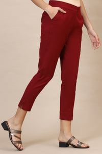 Maroon Solid Straight Cotton Flax Trousers