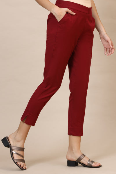 Maroon Solid Straight Cotton Flax Trousers