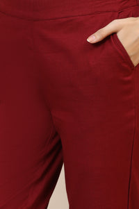 Maroon Solid Straight Cotton Flax Trousers
