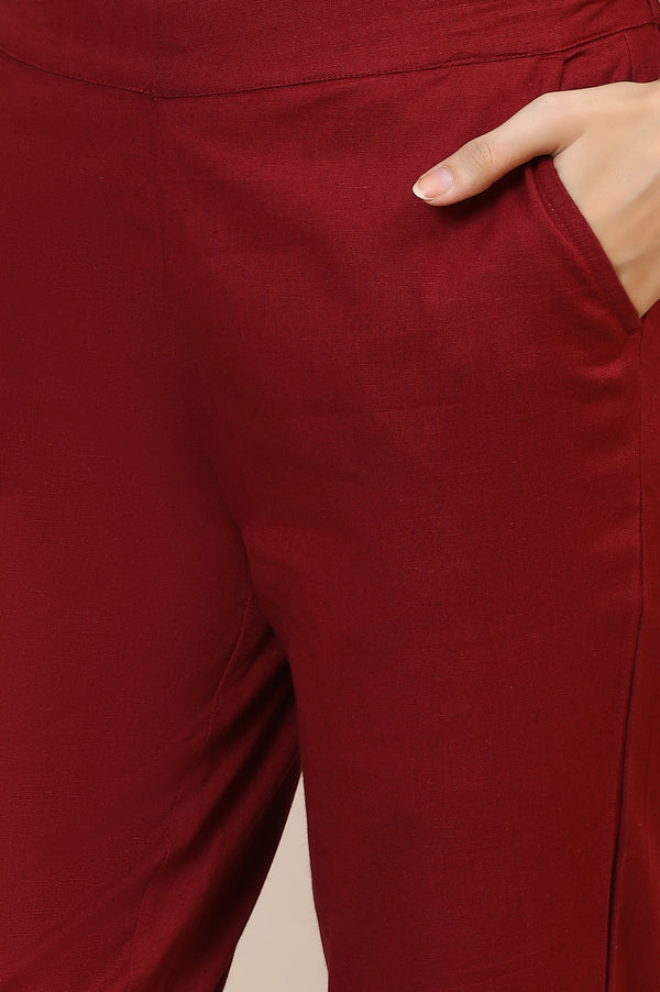 Maroon Solid Straight Fit Cotton Trousers With Elasticated Waist