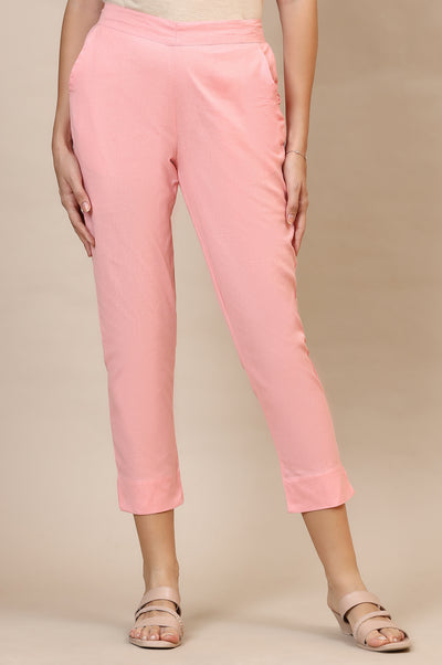 Dusty Pink Solid Slim Fit Cotton Flax Trousers