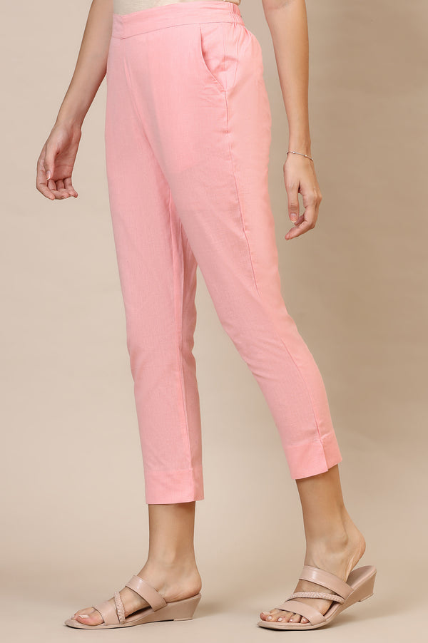Elleven Women's Pink Solid Slim Fit Cotton Trousers With Elasticated Waist
