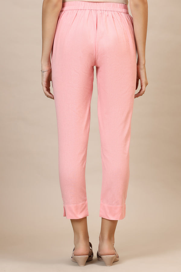 Dusty Pink Solid Slim Fit Cotton Flax Trousers