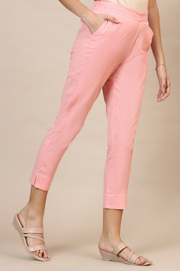 Elleven Women's Pink Solid Slim Fit Cotton Trousers With Elasticated Waist