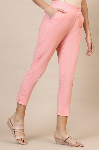 Dusty Pink Solid Slim Fit Cotton Flax Trousers