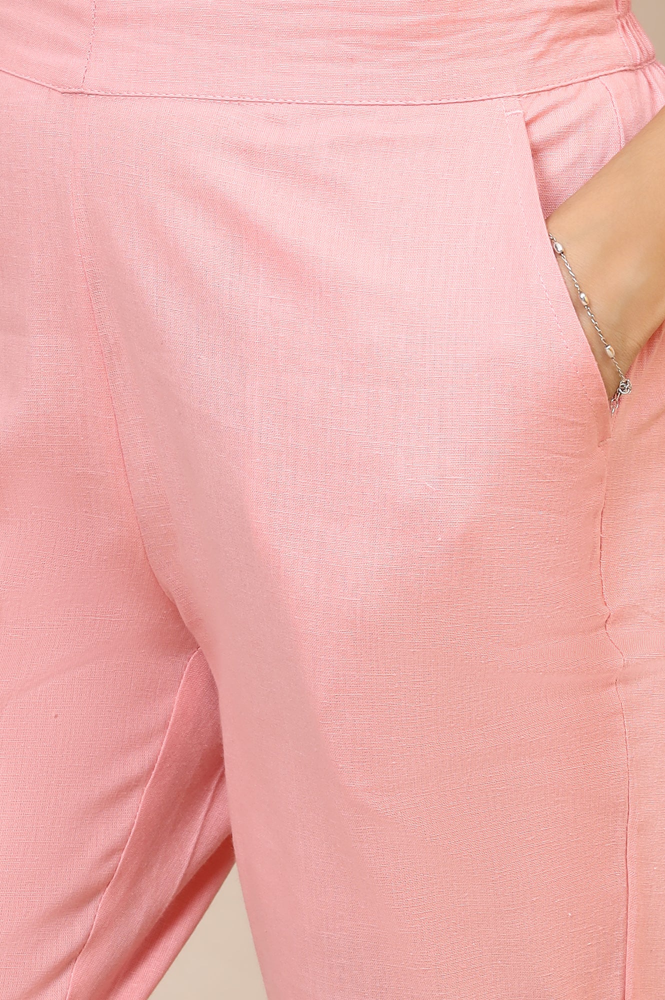 Dusty Pink Solid Slim Fit Cotton Flax Trousers