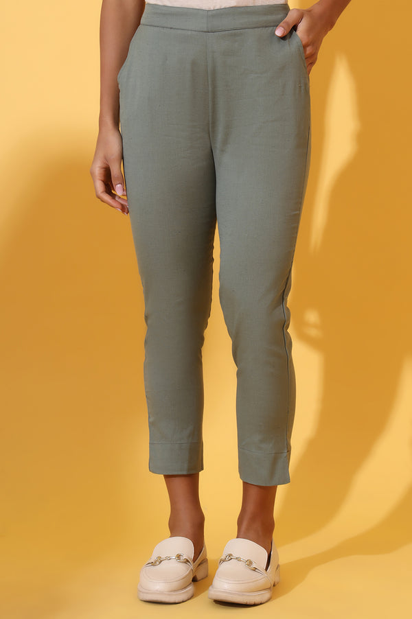 Oil Green Solid Cotton Flax Trouser Pants