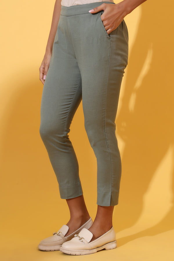 Oil Green Solid Cotton Flax Trouser Pants