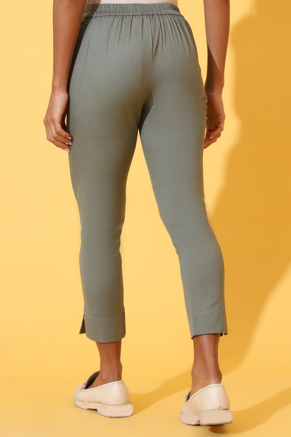 Oil Green Solid Cotton Flax Trouser Pants