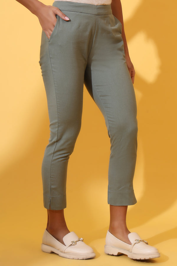 Oil Green Solid Cotton Flax Trouser Pants