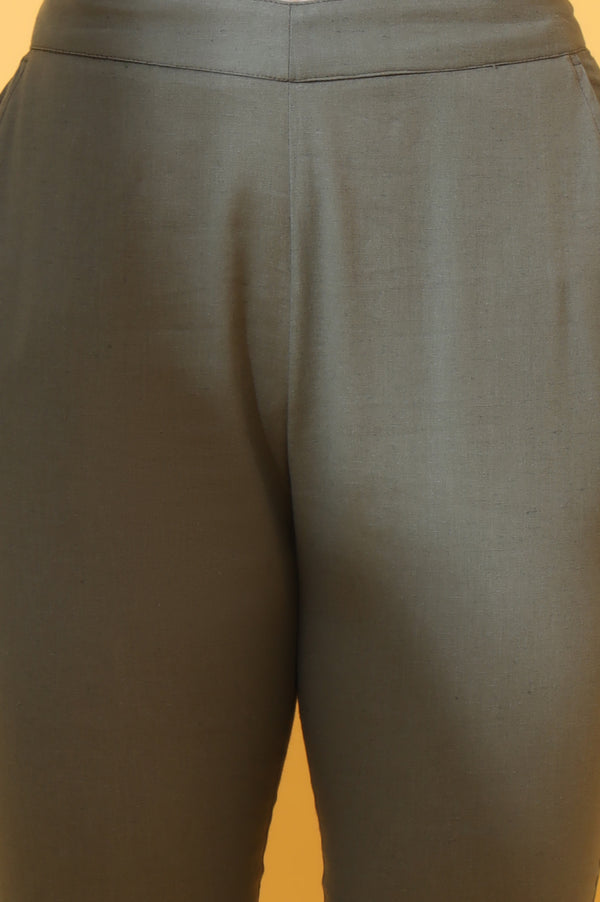 Oil Green Solid Cotton Flax Trouser Pants